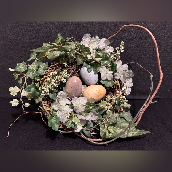 Vintage Designs Spring Easter Decor Twig Nest Eggs Flower, 10” Diameter - Picture 1 of 6